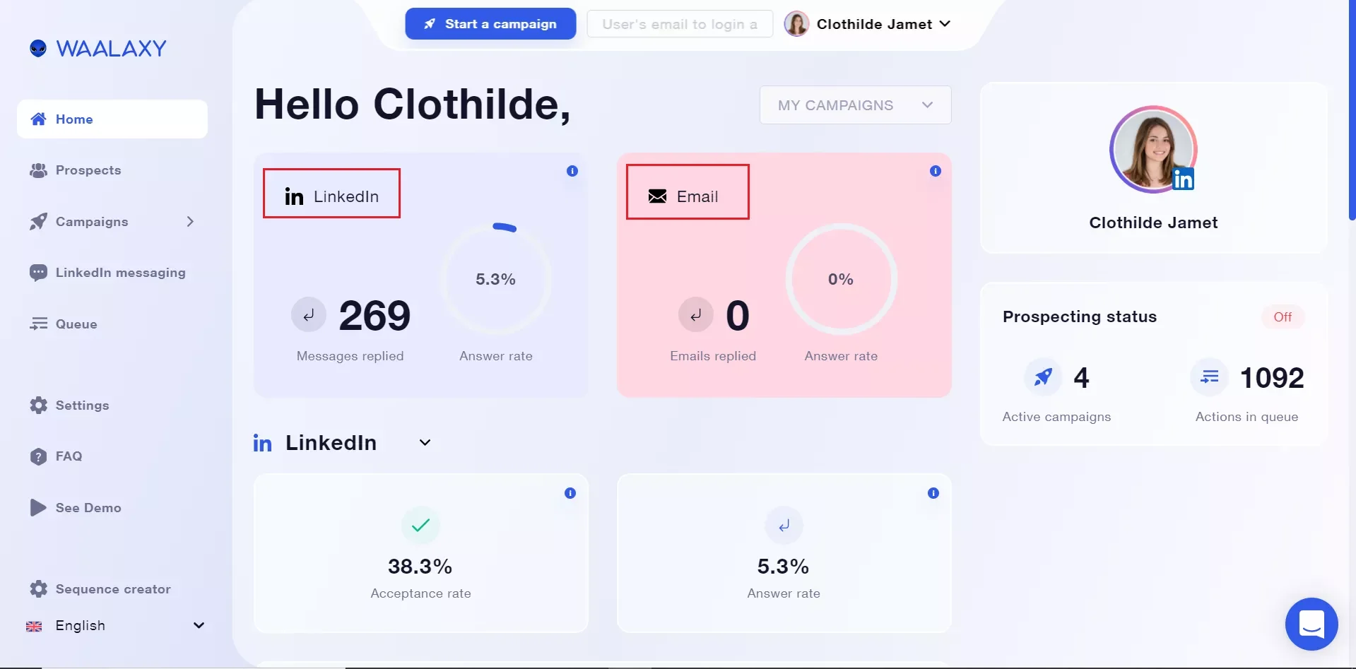 Waalaxy dashboard