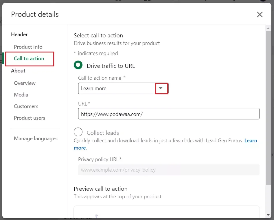 options for โCall to actionโ