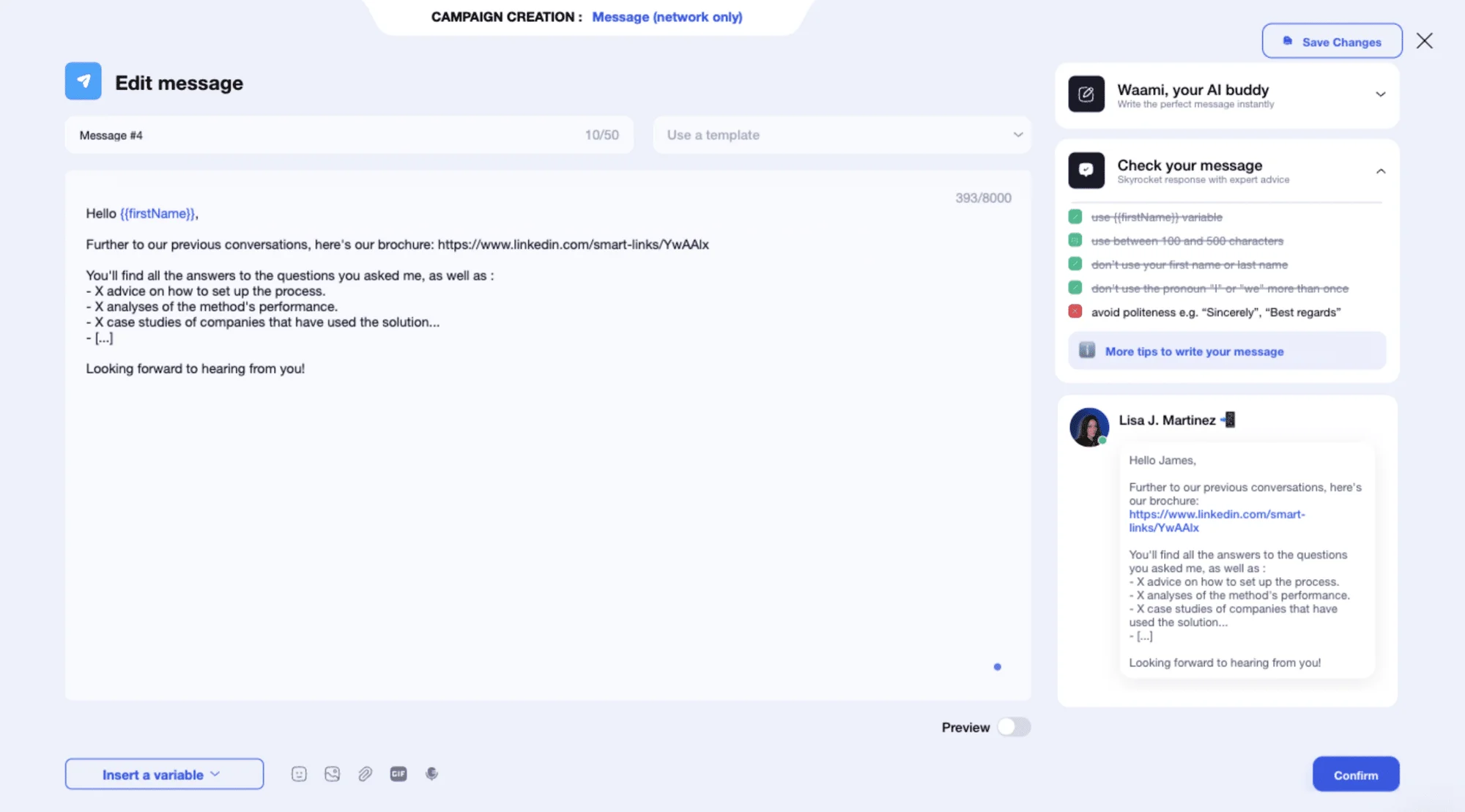 Voorbeeld van Smart Links in een LinkedIn bericht met Waalaxy.