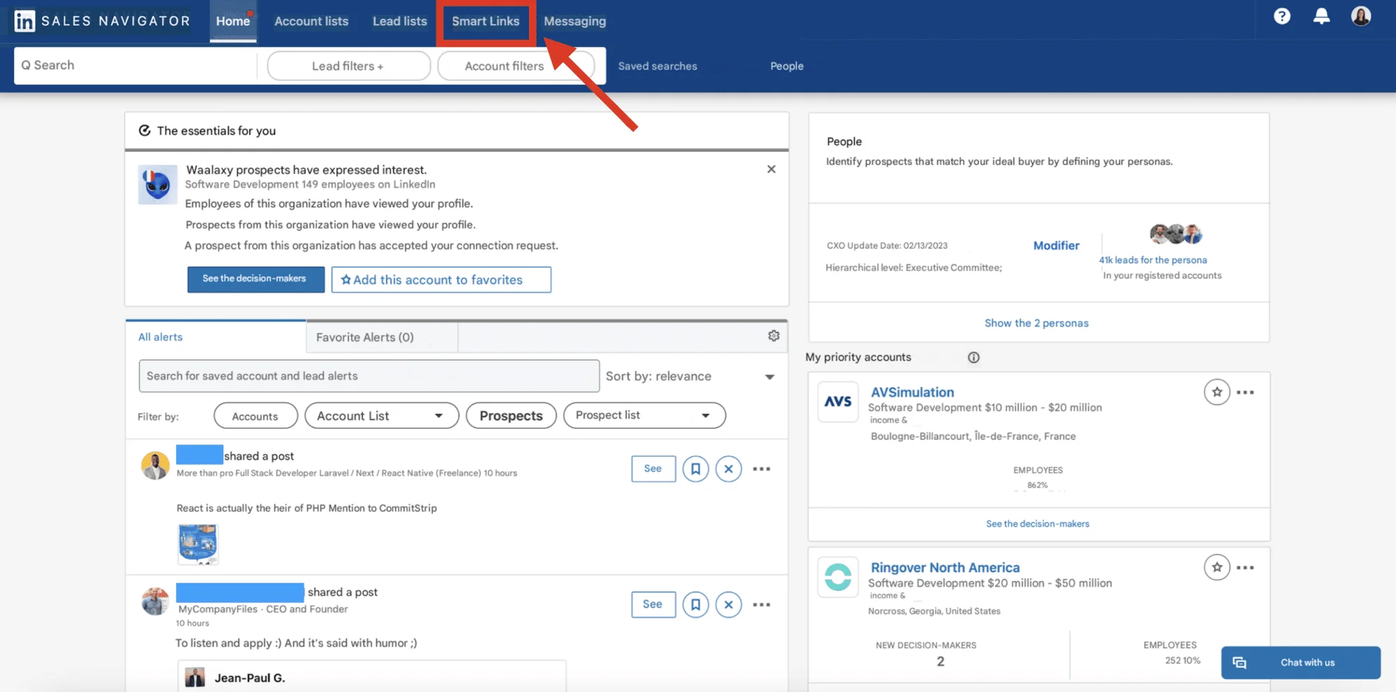 LinkedIn Sales Navigator Geavanceerd : Startpagina en menu van account.