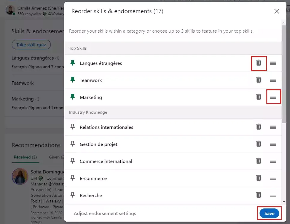 réorganiser les compétences Recommandation LinkedIn