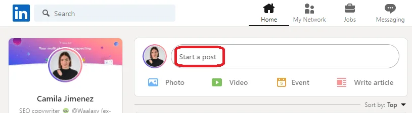 Page LinkedIn, profil Camila Jimenez, bouton "Start a post" en surbrillance.