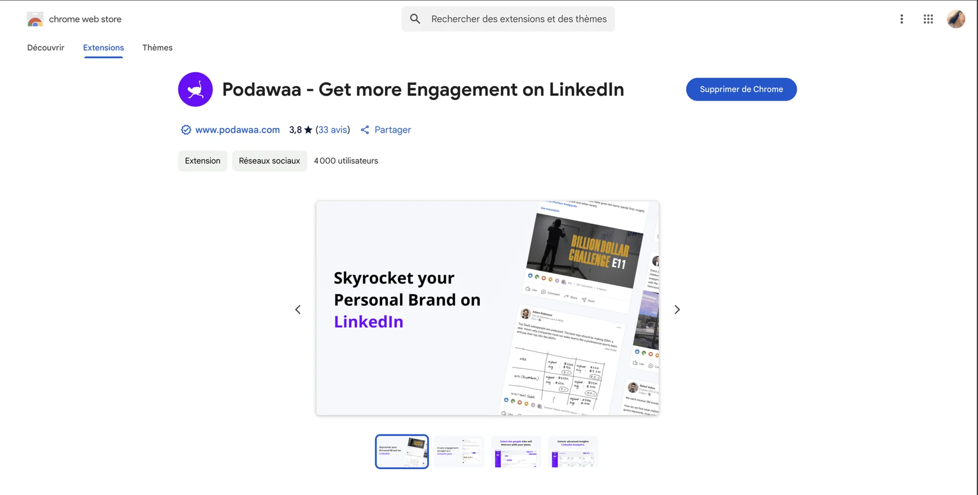 Page d'extension Chrome Podawaa pour augmenter l'engagement sur LinkedIn.