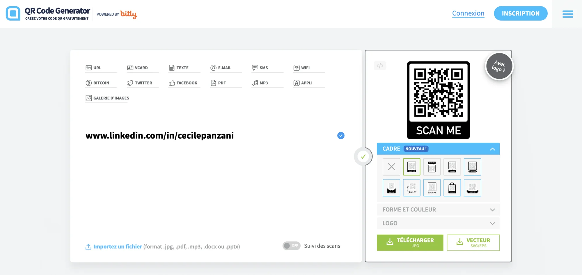 Page web génératrice de QR Code avec URL et options d'exportation.