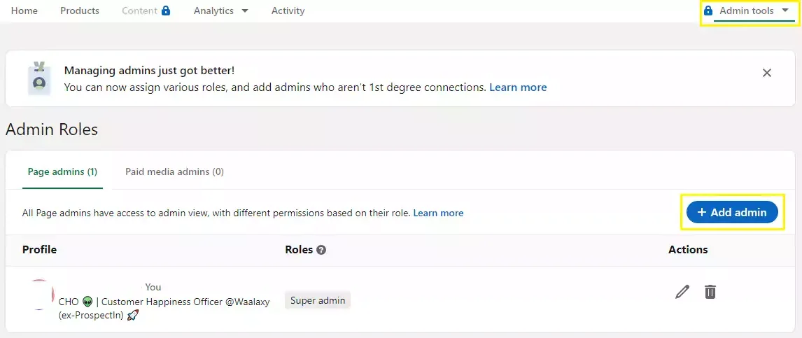 gérer les administrateurs de la page LinkedIn