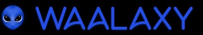 Logo bleu avec un personnage d'alien, texte "WAALAXY" en bas.