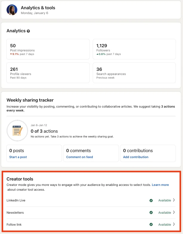 Accesso agli strumenti di creazione di contenuti di LinkedIn.