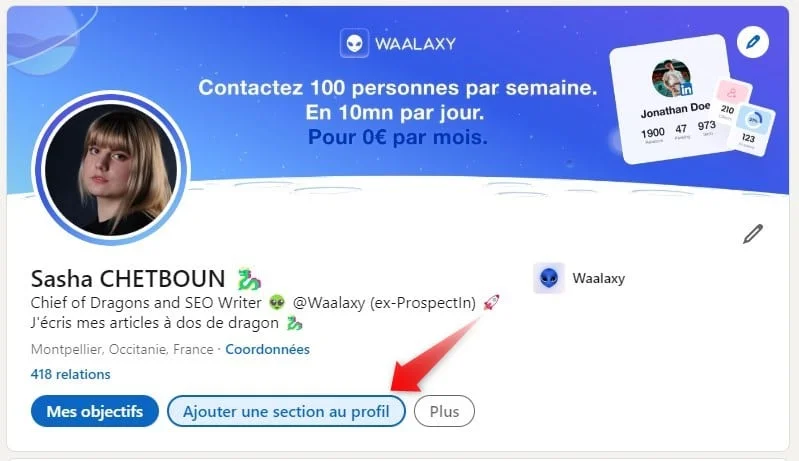 Page d'utilisateur LinkedIn avec profil Sasha Chetboun, poste et coordonnées.<br>