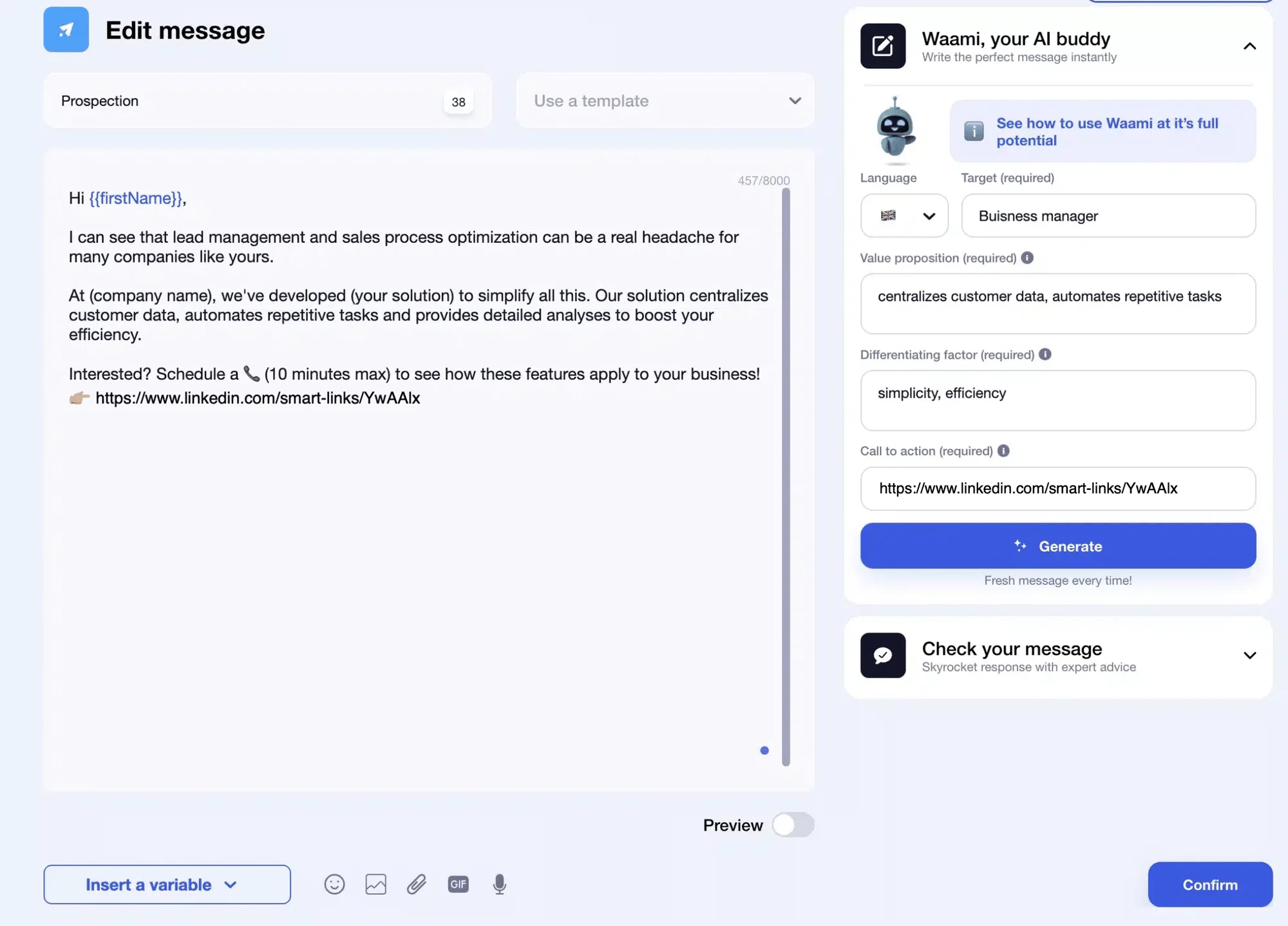 Example of a LinkedIn message generated by Waami (with smart link).