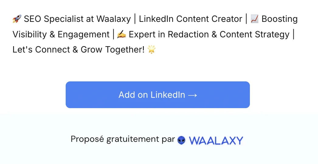 Description : Page LinkedIn promotionnelle pour WAALAXY, SEO Specialist, Content Creator, engagement, stratégie de contenu, ajout gratuit sur LinkedIn.