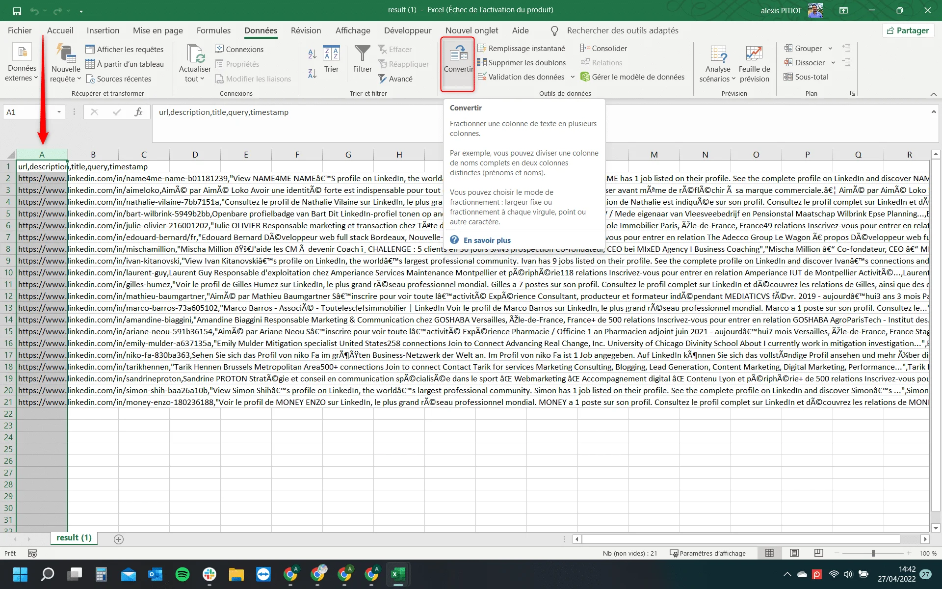 Tableur Excel ouvert, feuille A1 sélectionnée, texte en colonnes, fenêtre de navigateur sur un site LinkedIn visible.