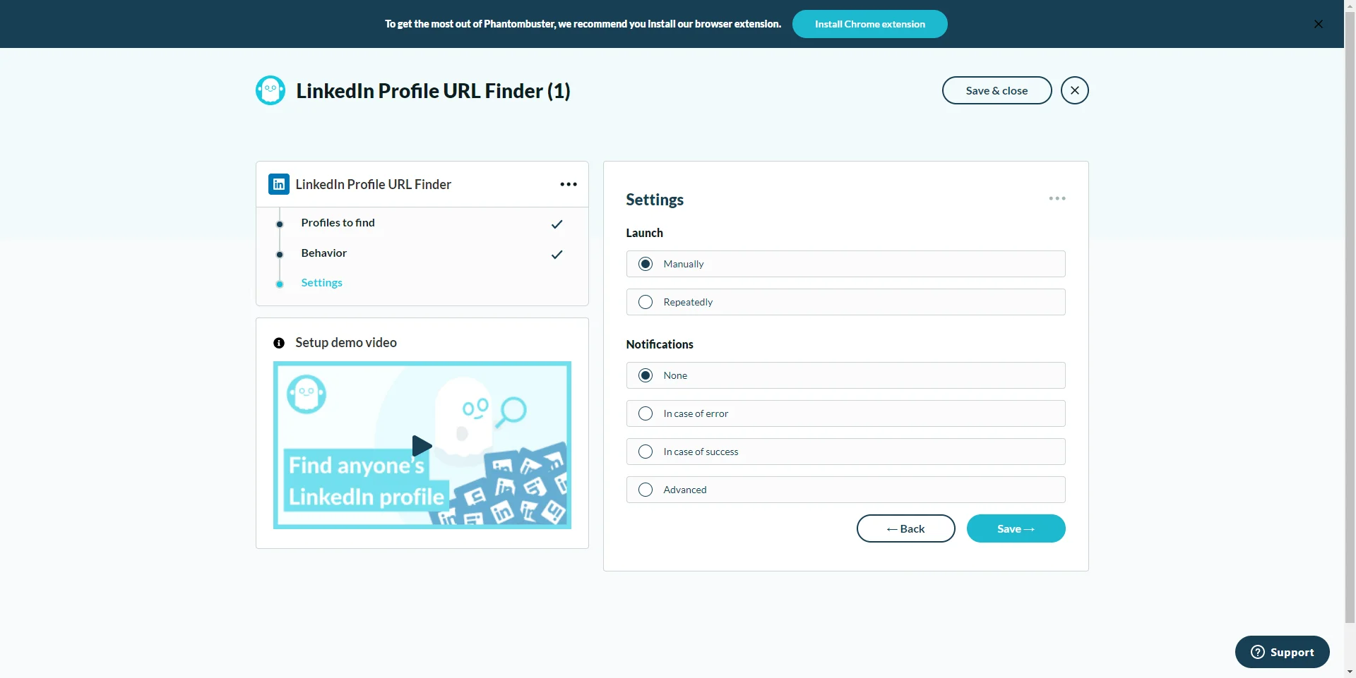 Page web avec outil de recherche de profil LinkedIn, paramètres et tutoriel vidéo.