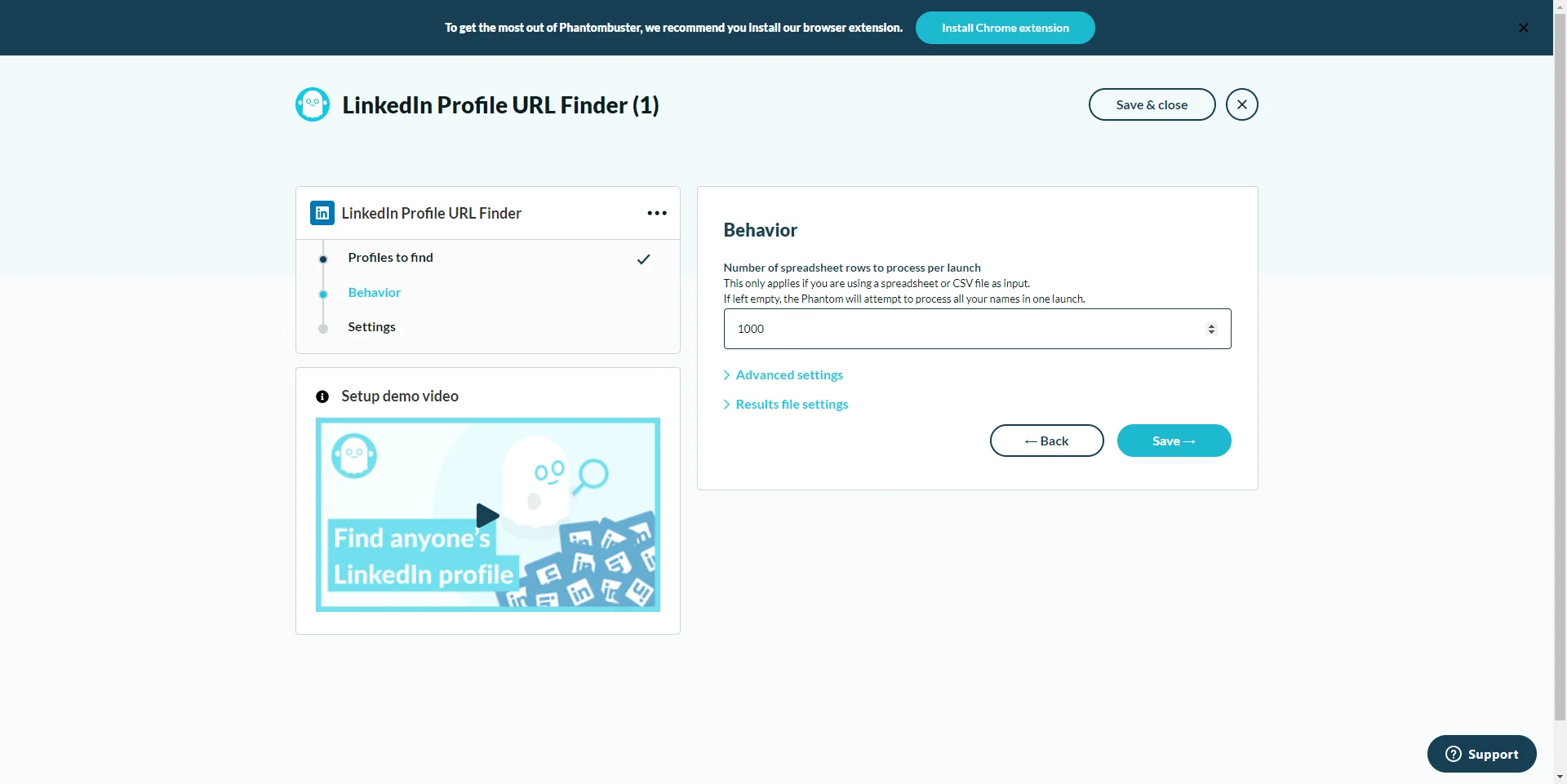 Page web de recherche de profil LinkedIn, comportant des paramètres de comportement et un bouton "Sauvegarder".