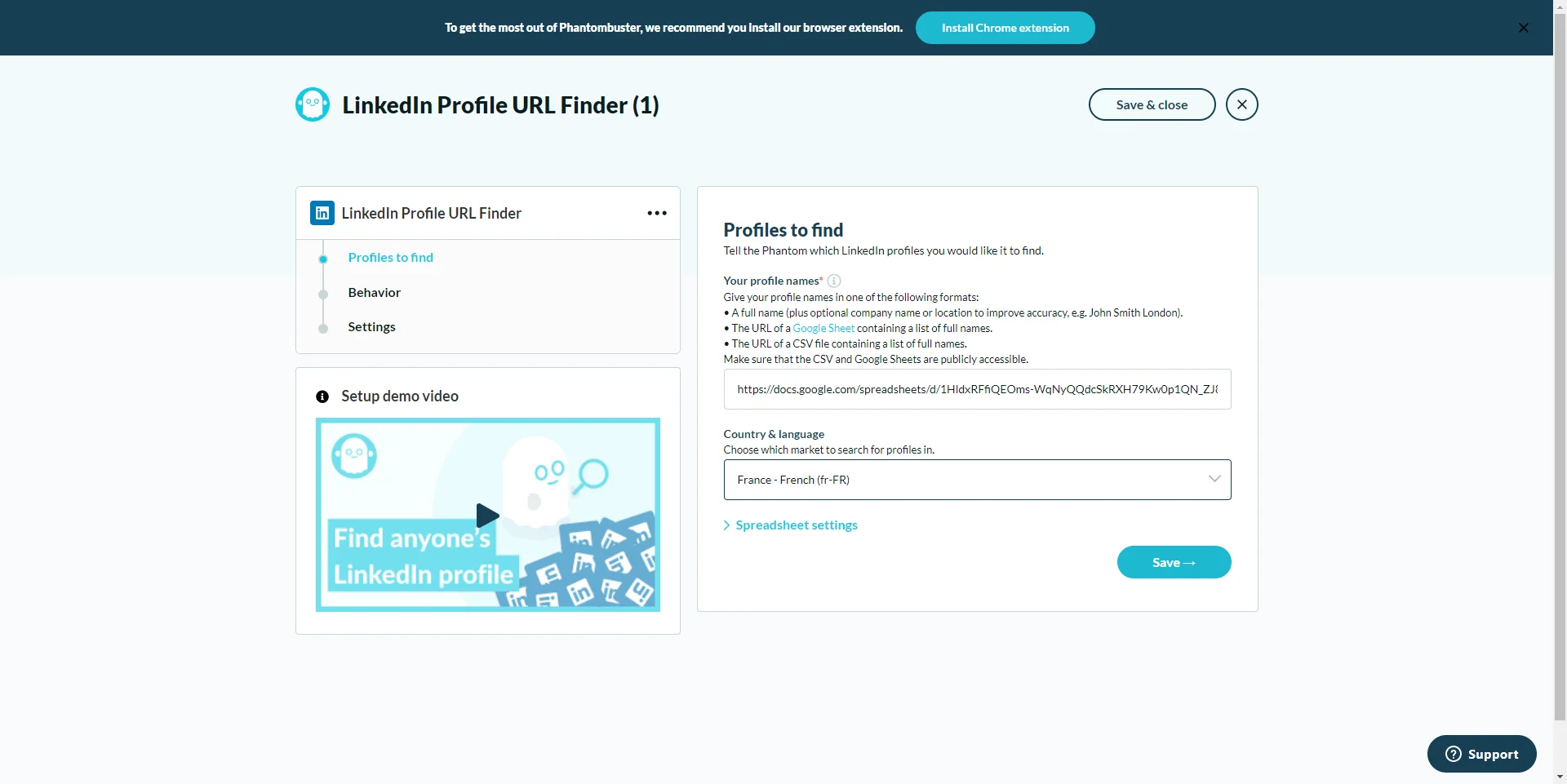 Page web du "LinkedIn Profile URL Finder", formulaire pour trouver un profil LinkedIn, options de paramètres et d'enregistrement.
