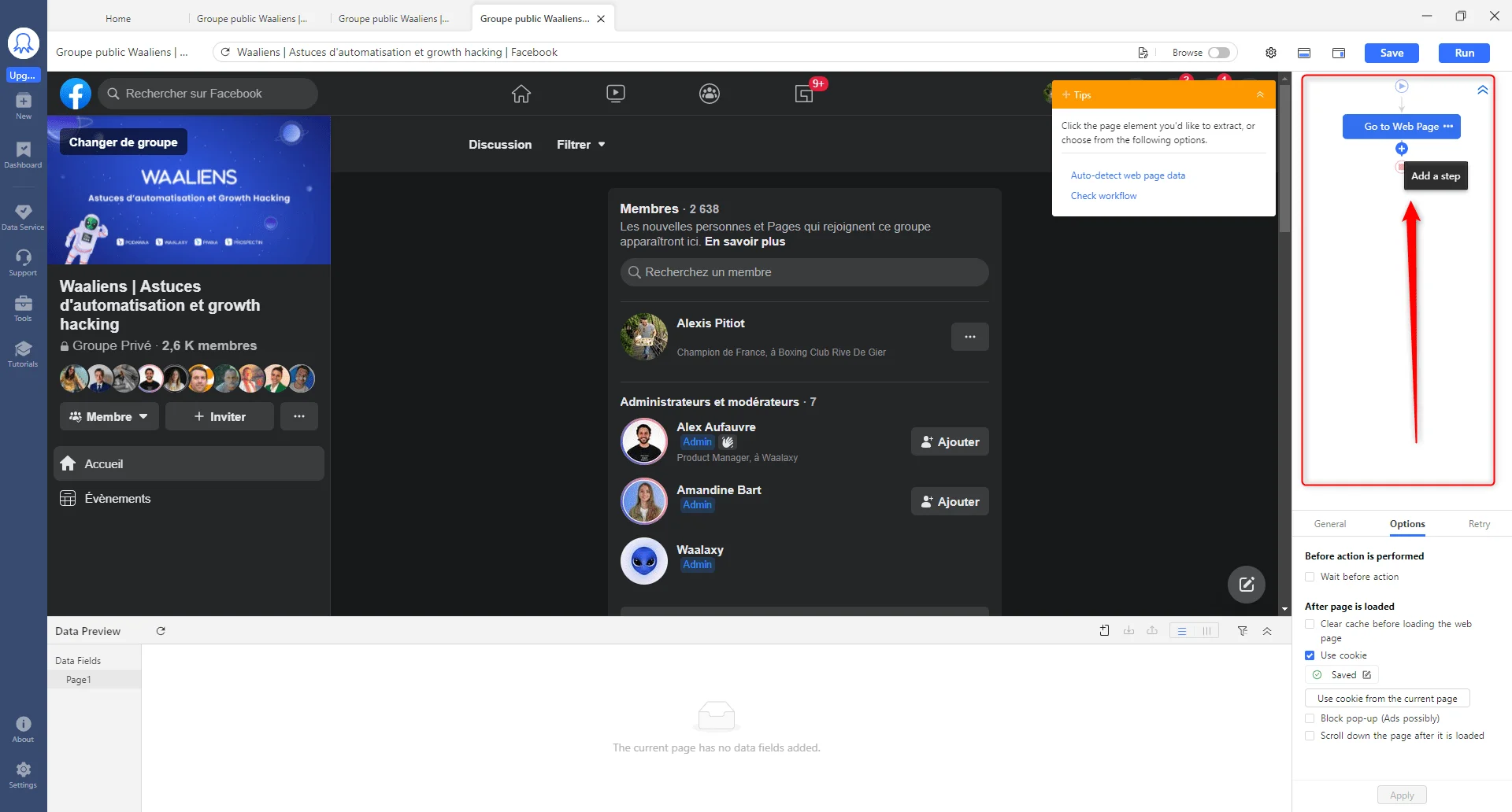 Page Facebook avec groupe "WAALENS", menu d'ajout de page en cours.