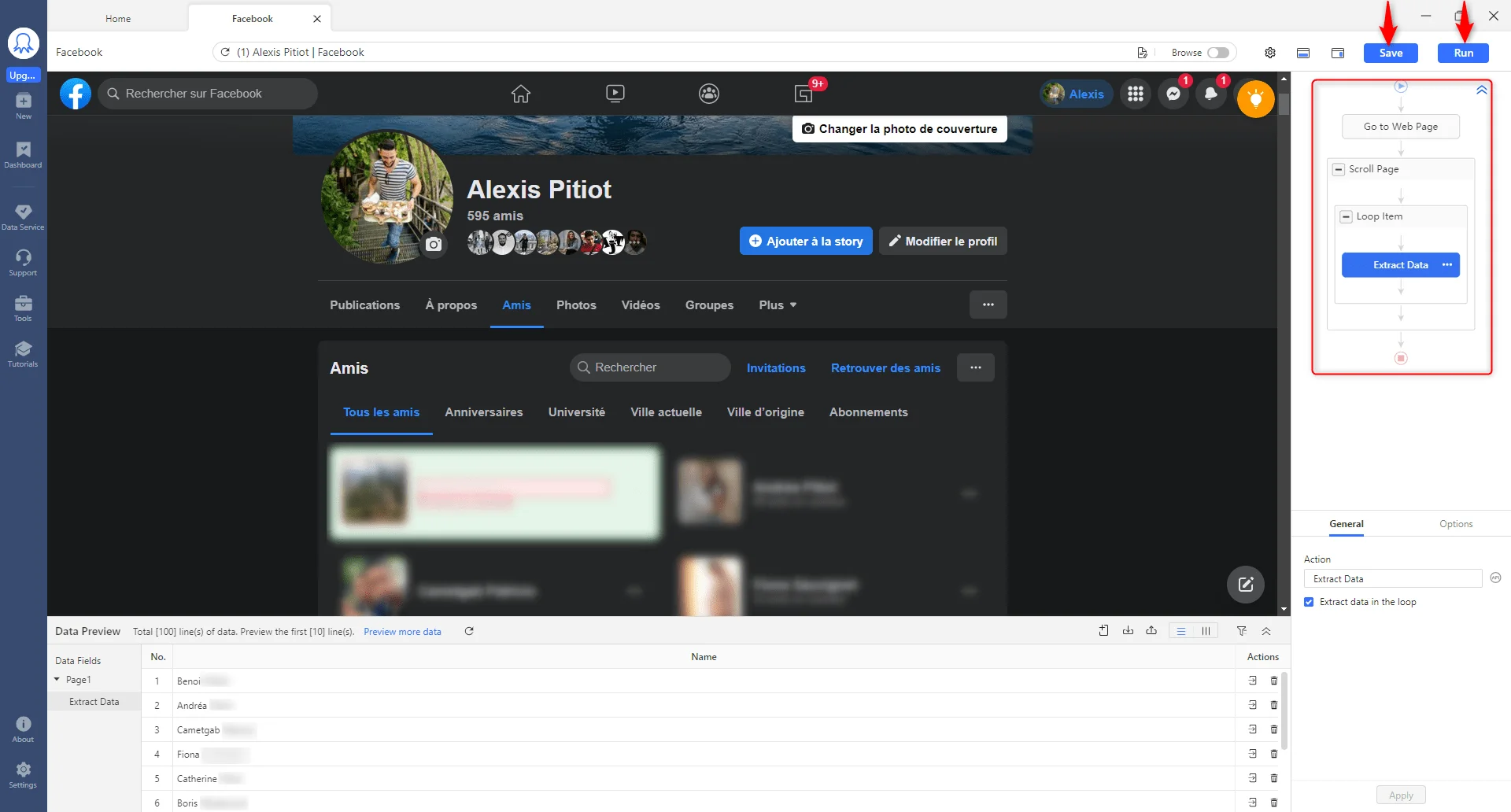 Page Facebook d'Alexis Pitiot avec profil et amis en vue.