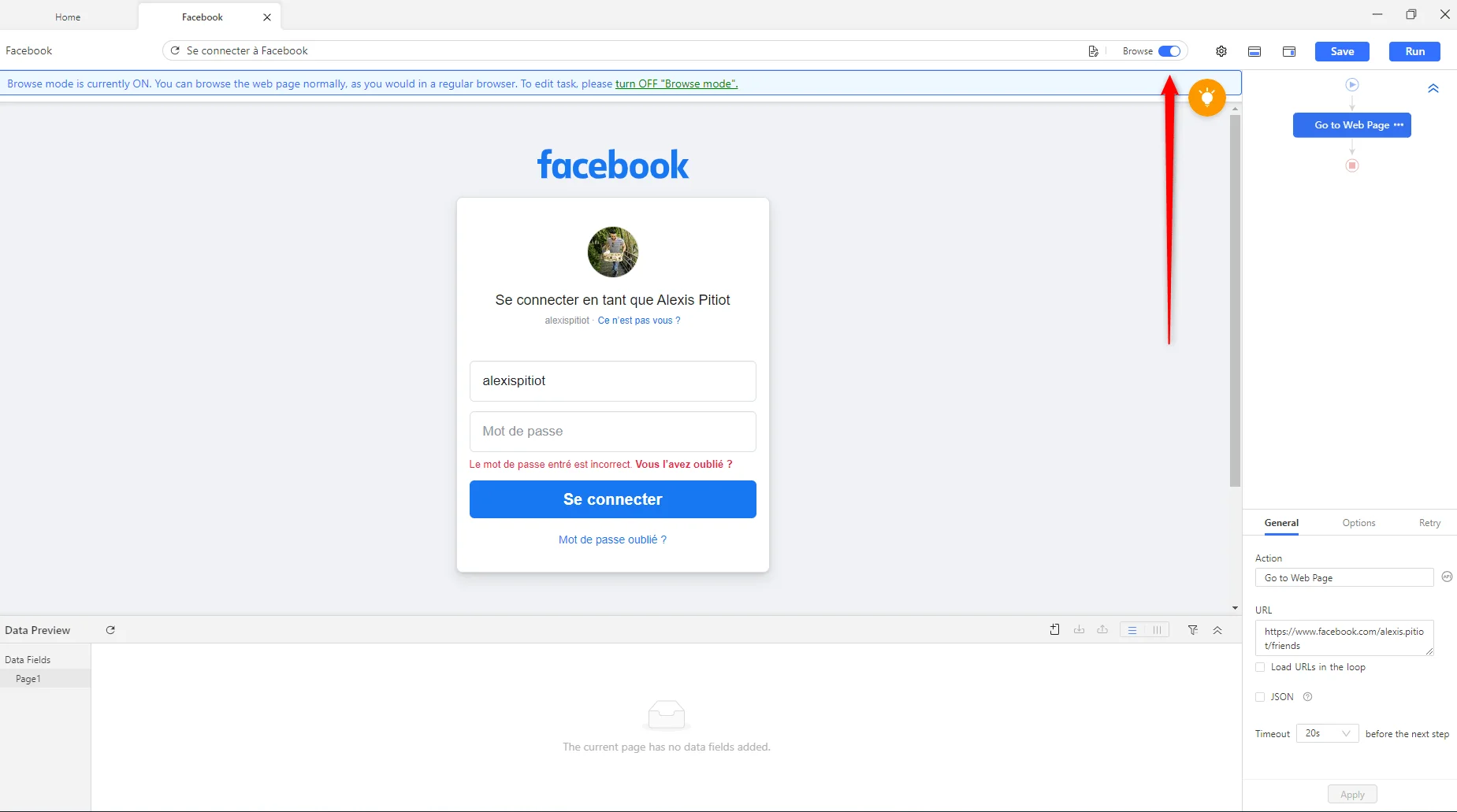 Page Facebook - Connexion en tant que Administrateur Pilote - Interface utilisateur.