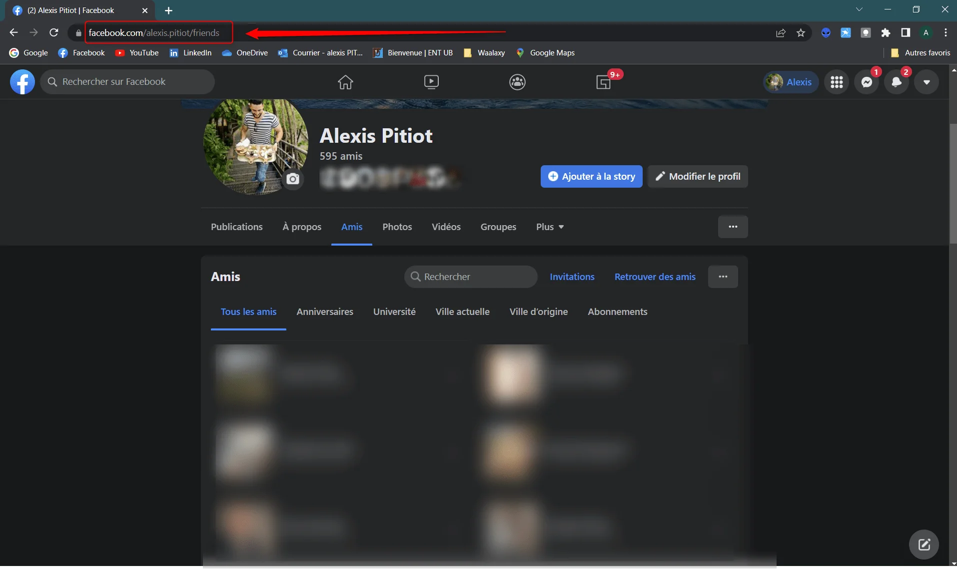 Page Facebook d'Alexis Pitiot avec liste d'amis.
