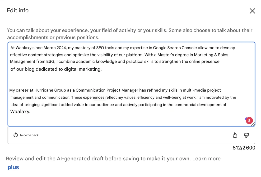 Optimize your profile summary with LinkedIn AI.