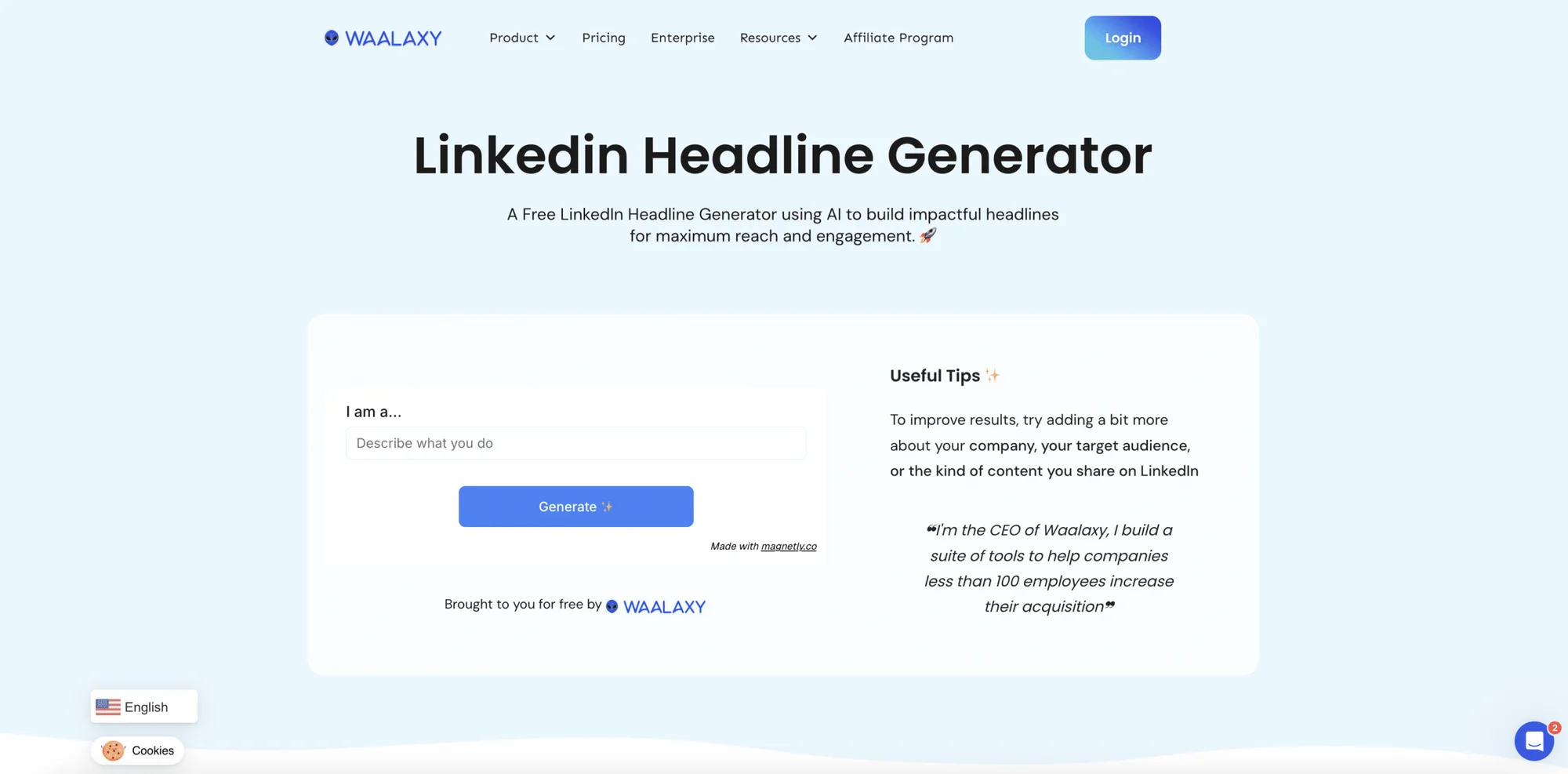 Generatore di titoli LinkedIn di Waalaxy per ottimizzare il titolo del profilo.