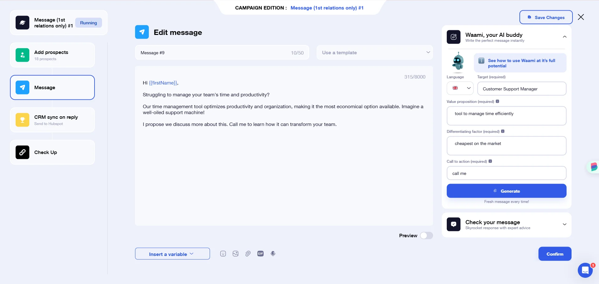 Interface d'envoi de messages avec des options CRM et vérification AI.