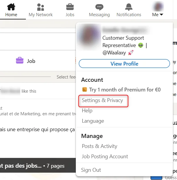 Menu de profil avec "Settings & Privacy" en rouge.