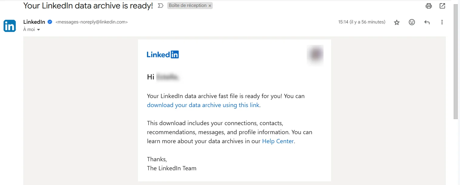 E-mail LinkedIn, archive de données prête, lien pour télécharger.