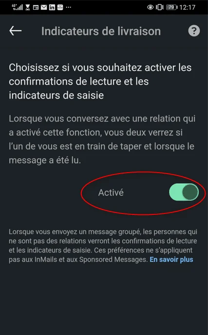 Page d'indicateurs de livraison dans un profil social, activé, texte en français.