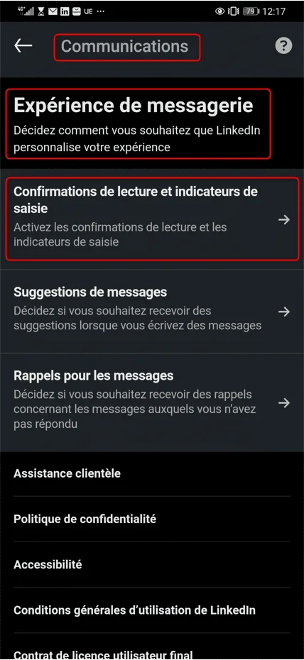 Page LinkedIn, paramètres communications, confirmation de lecture et indicateurs de saisie activés.