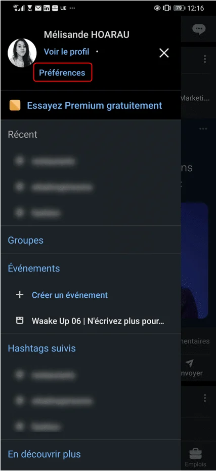 Menu profil avec lien "Préférences" en rouge. Contexte: application mobile. 12h16. 3G et Wi-Fi activés. 79% de batterie.