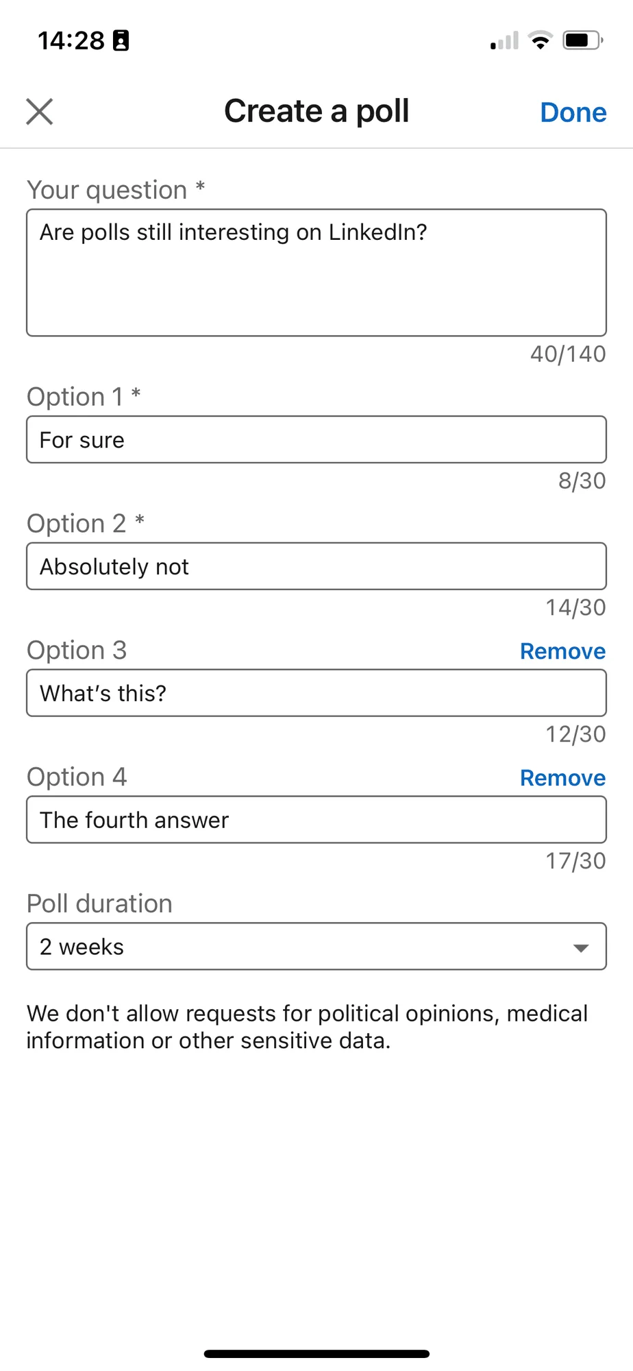 Fill in the different parts as explained before