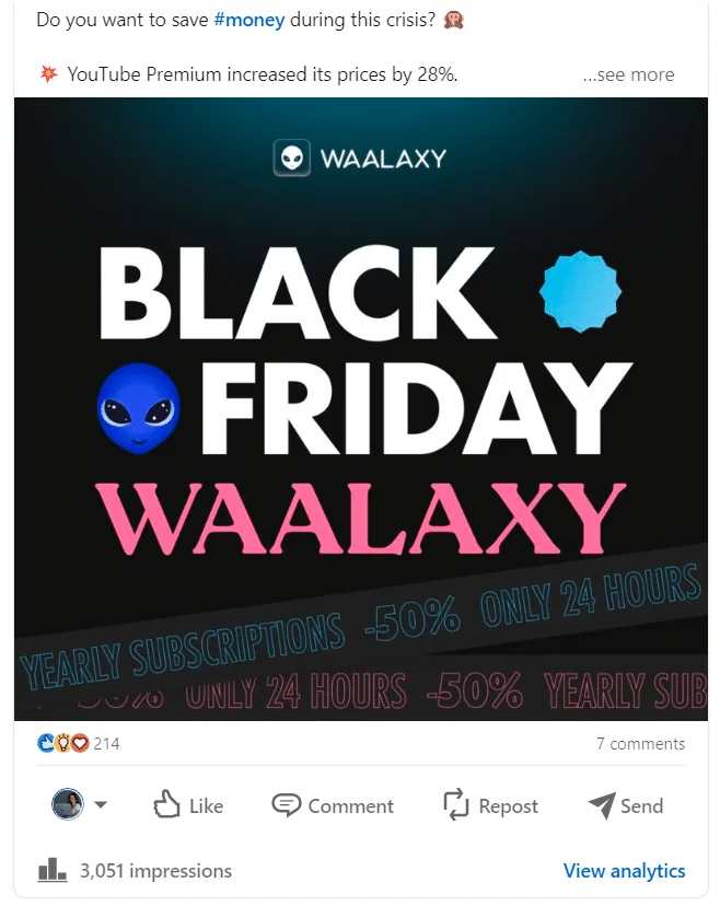 Image promotionnelle pour Black Friday de Waalaxy, offrant -50% sur les abonnements annuels pendant 24 heures. Contexte social media.