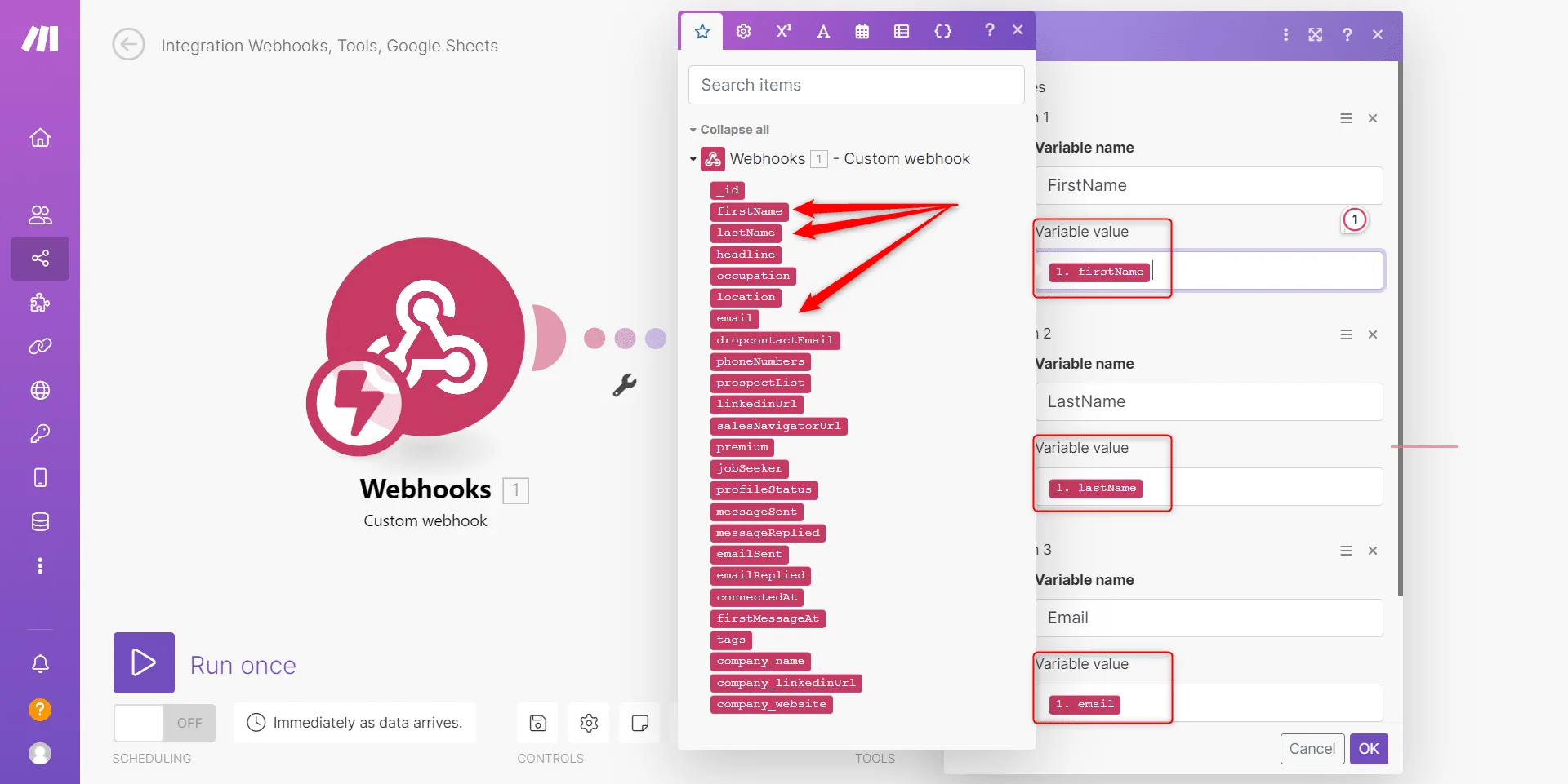 Interface d'intégration Webhooks, saisie de variables personnalisées.