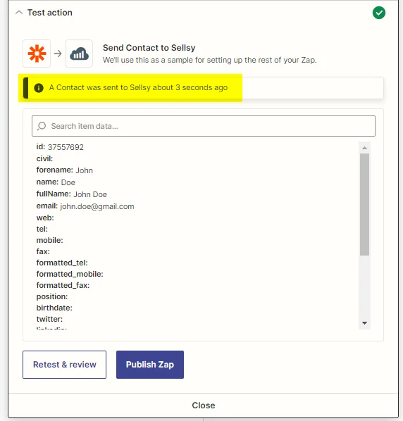 Page web montrant une action de test dans Zapier, contact envoyé à Sellsy il y a 3 secondes.