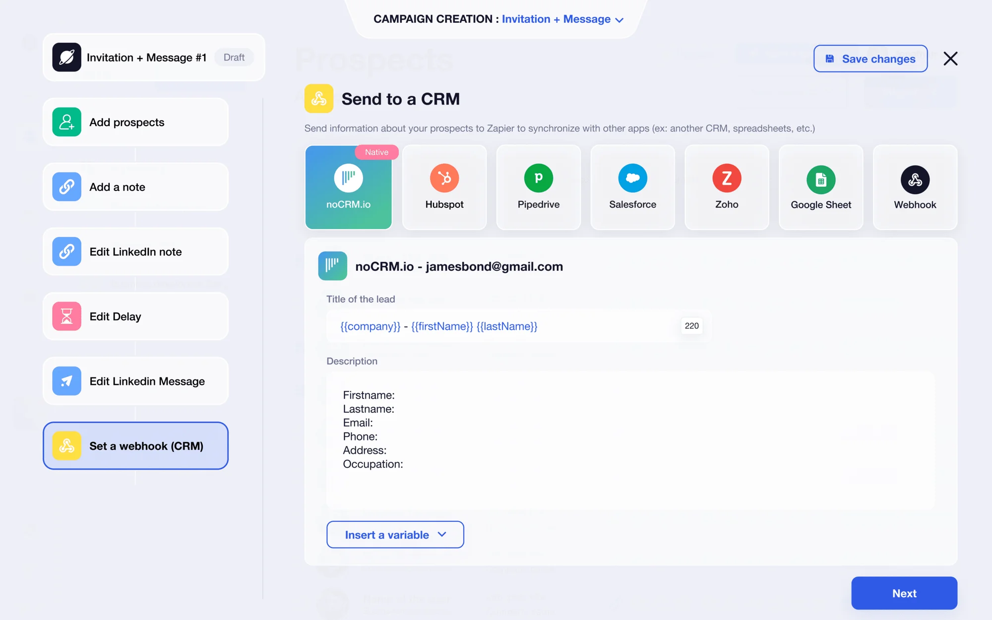 Page de création de campagne avec options CRM, formulaire d'envoi à un CRM, champs pour nommer le contact et informations personnelles.