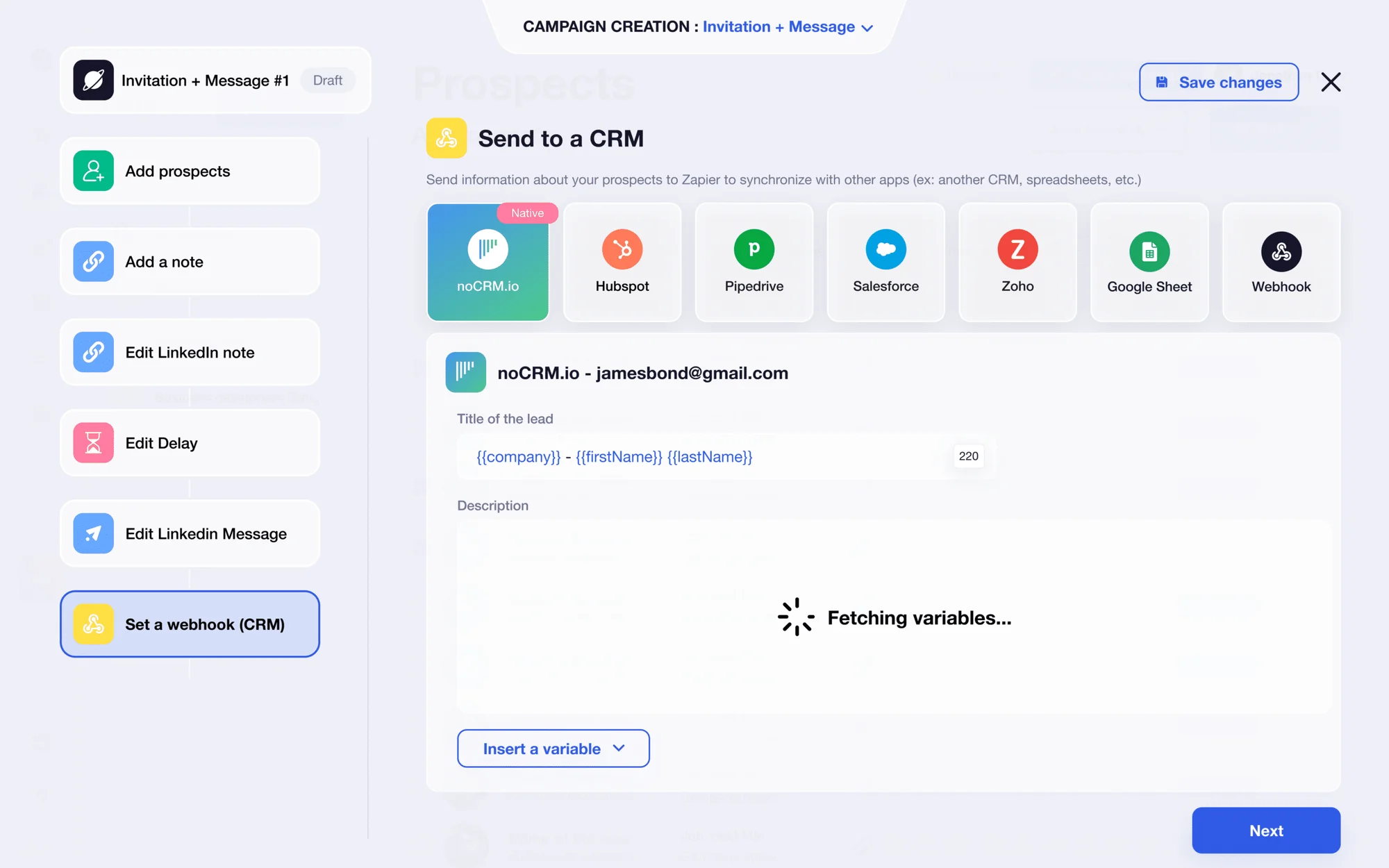 Interface de création de campagne avec formulaire pour envoyer des informations à un CRM.