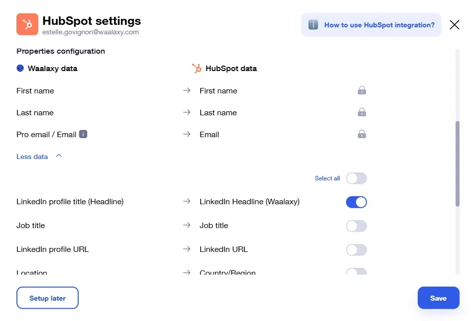 Page de paramètres HubSpot, configuration des propriétés, options d'intégration LinkedIn et Waalaxy, bouton "Sauvegarder".