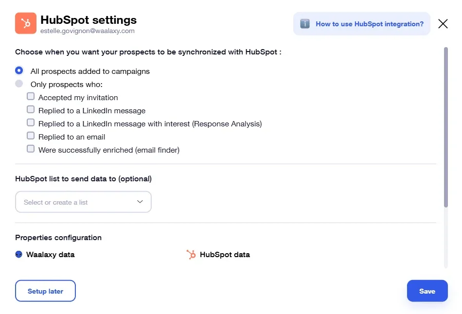 Page de paramètres HubSpot avec choix de synchronisation des prospects et options d'exportation des données.