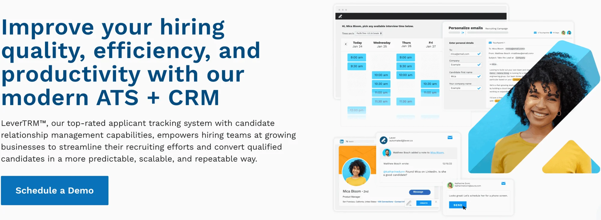 Image présentant un système ATS + CRM pour améliorer l'embauche, avec des visuels d'interfaces utilisateur et une femme souriante.