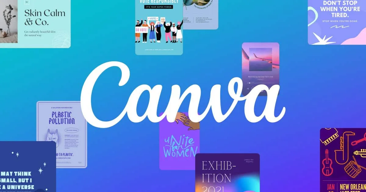 Image de Canva avec diverses créations et le logo en premier plan.