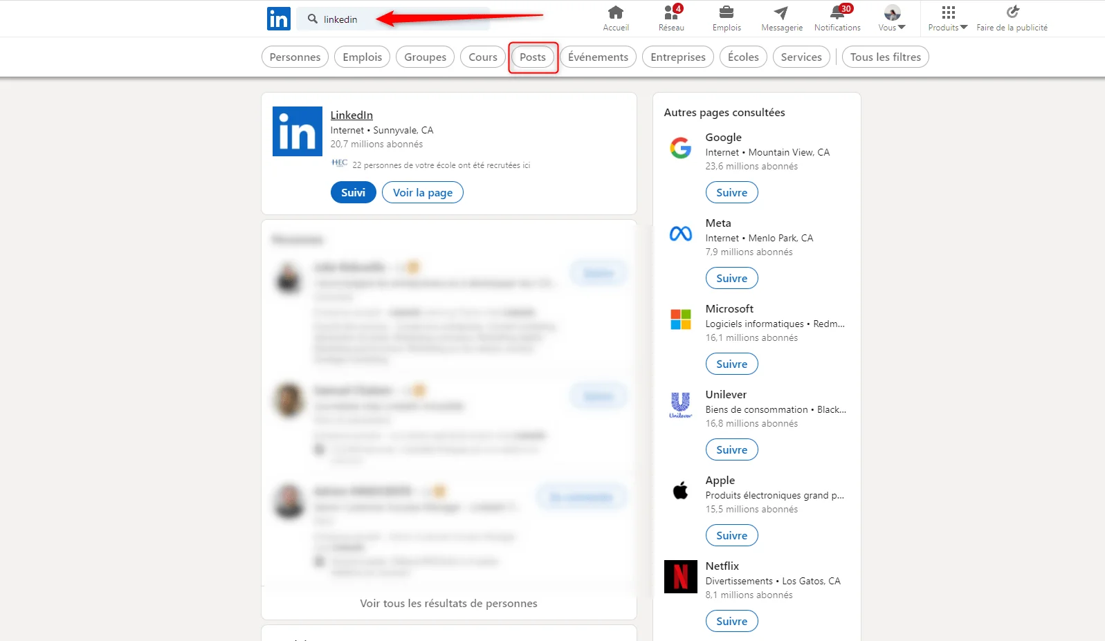 Page LinkedIn avec profil d'utilisateur en haut, filtre "Compagnies" sélectionné, liste de sociétés à droite.