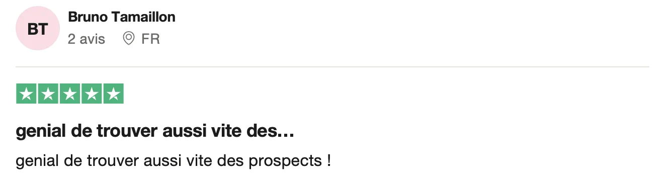 Avis positif en français sur un site web, étoiles pleines, nom "Bruno Tamaillon", note 5/5, texte "génial de trouver aussi vite des...".