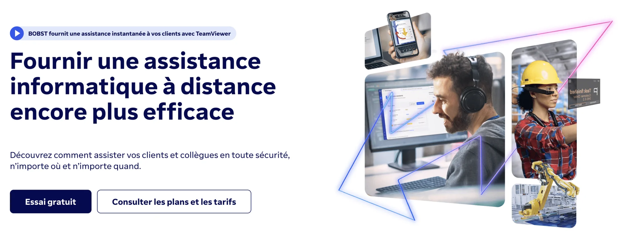"Page web présentant une assistance informatique à distance, avec des images d'utilisateurs travaillant sur ordinateurs et texte explicatif."