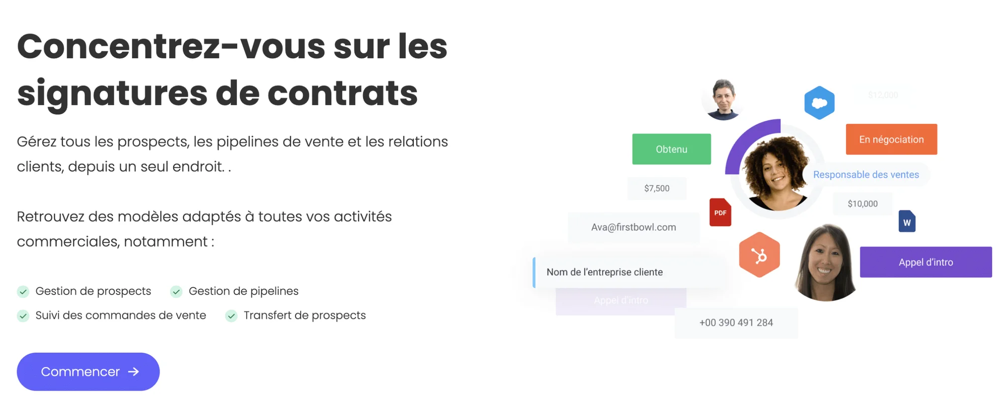 Page web présentant des options commerciales, gestion de prospects, pipeline, suivi des ventes, transfert de prospects. Contexte : plateforme d'automatisation de vente.