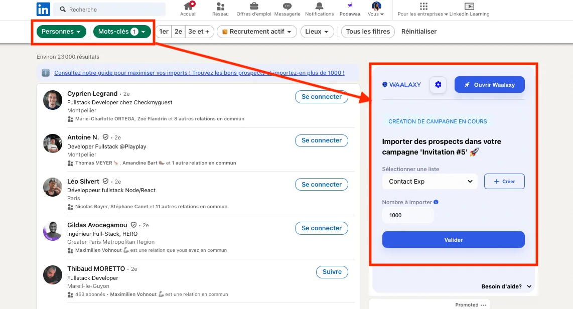 Page LinkedIn montrant des profils professionnels et un outil d'importation de prospects.
