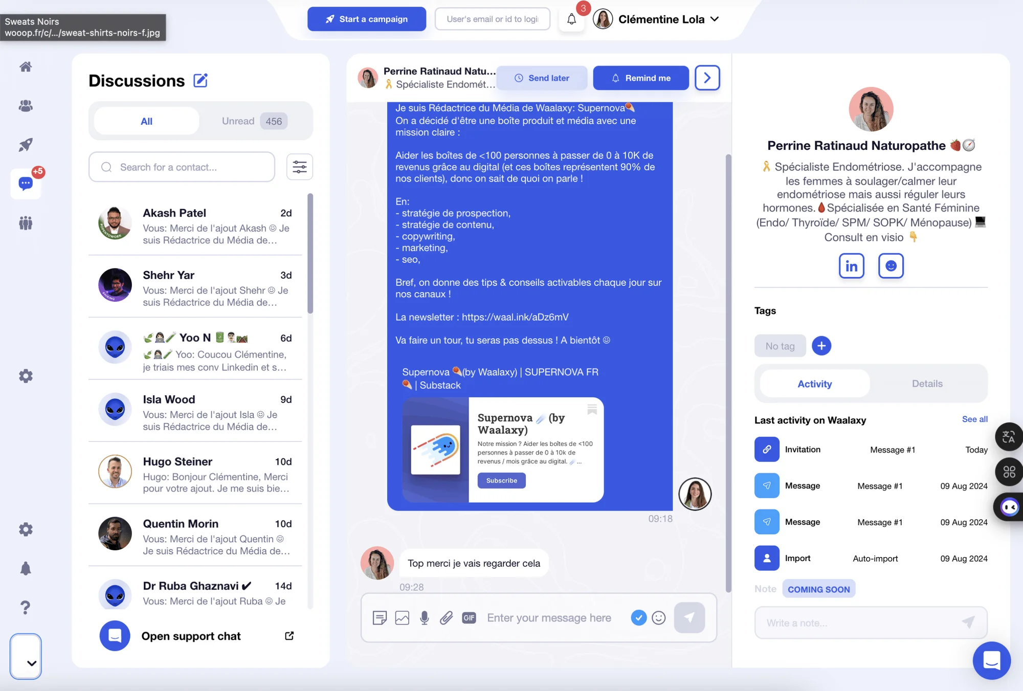 Generazione di lead B2B - risposta alle persone nella casella di posta waalaxy