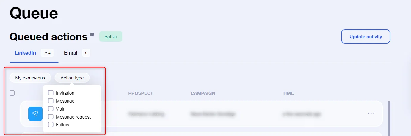 filter by all actions in the queue