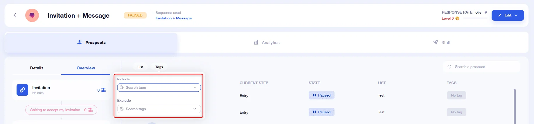 select or exclude prospects with tag