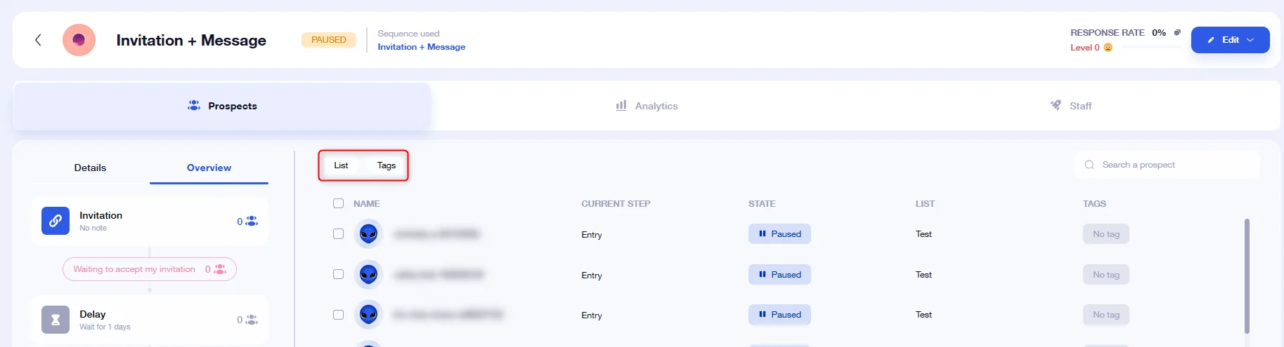 Page d'analyse de prospects avec des options "Lot" et "Tags".