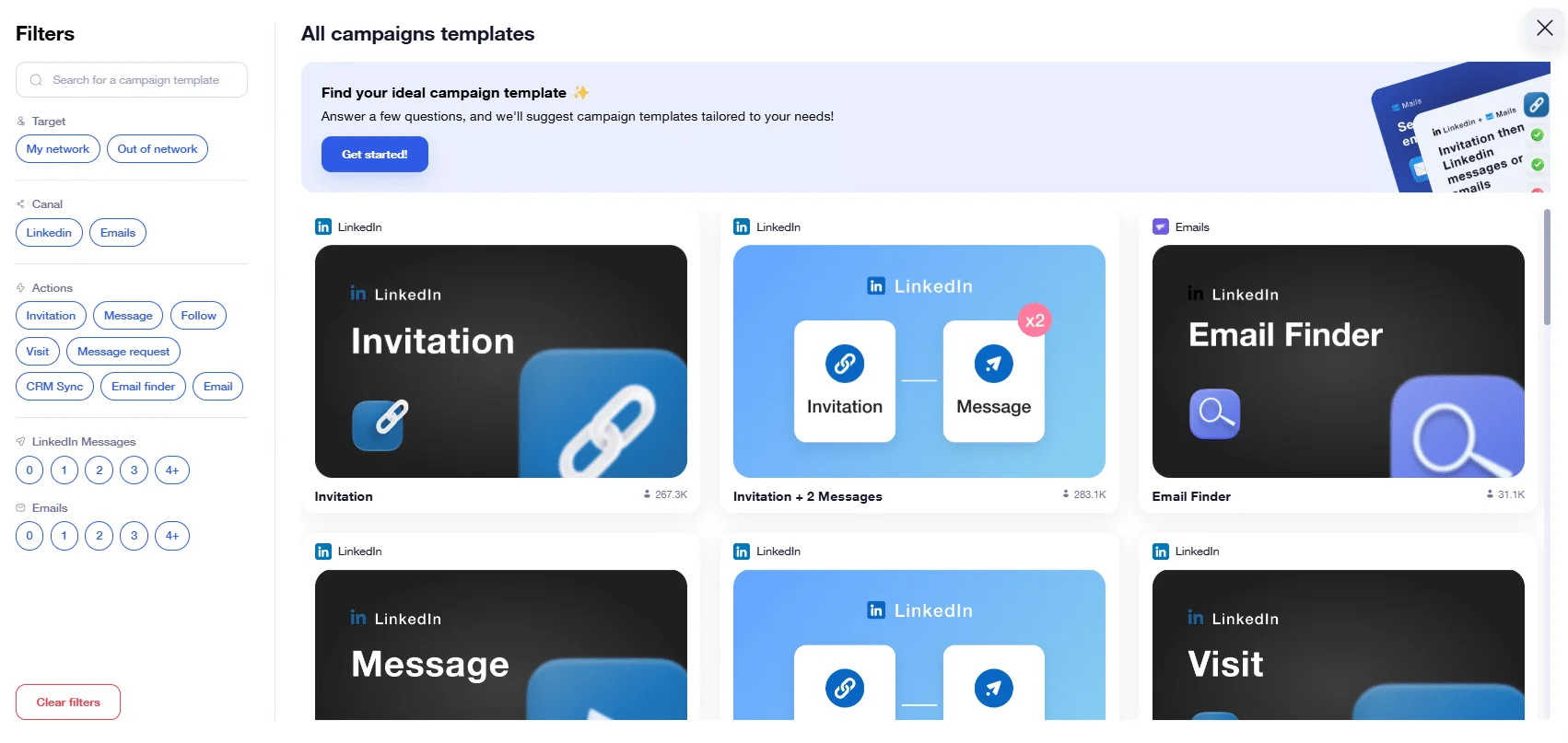 Page web présentant des modèles de campagnes LinkedIn: Invitation, Message, Email Finder et Visit.